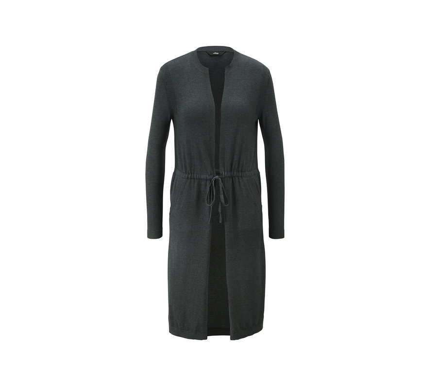 Graue Feinstrickjacke mit langen Ärmeln und Kordelzug in der Taille.
