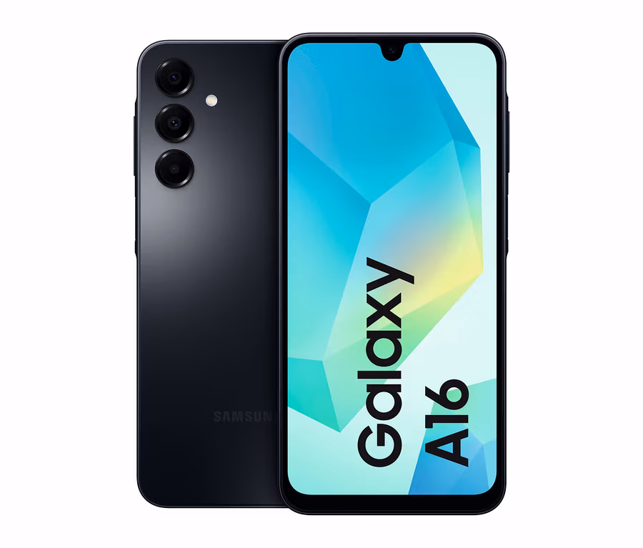 Das blaue Samsung Galaxy A16 LTE 128GB wird von vorn und von hinten gezeigt.