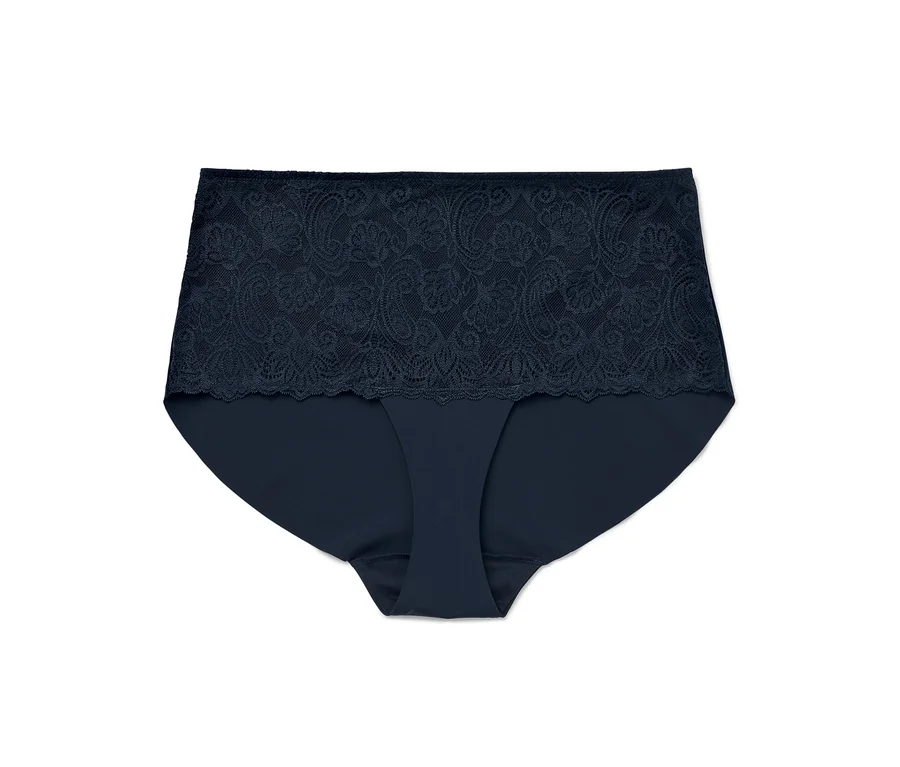 Ein marineblauer Damenslip mit hoher Taille und Spitze.