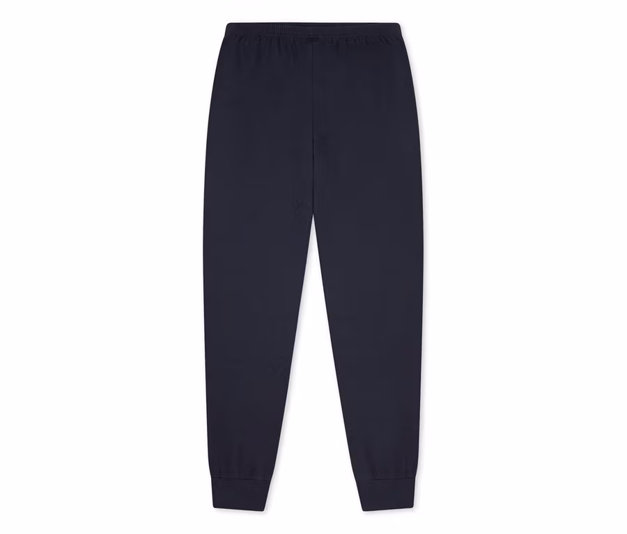 Dunkelblaue SCHIESSER Kinder-Pyjamahose mit Gummibund und Bündchen.
