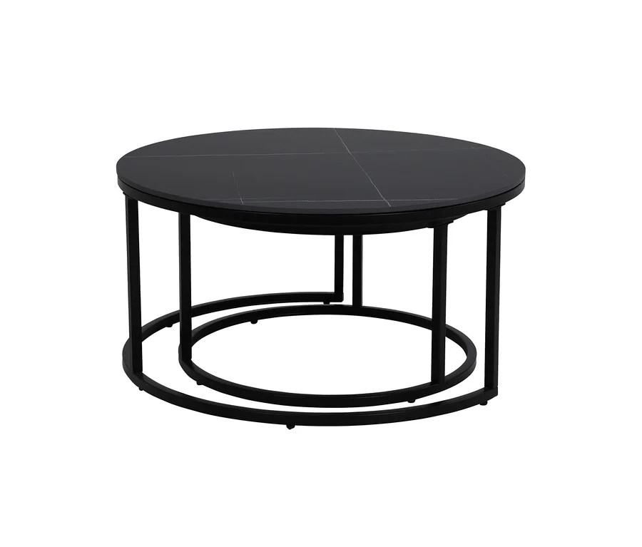 Zwei Hela Couchtische "Luis II", runde, schwarze Tische mit Marmoroptik-Platten und schwarzen Metallgestellen, ineinander verschachtelt.