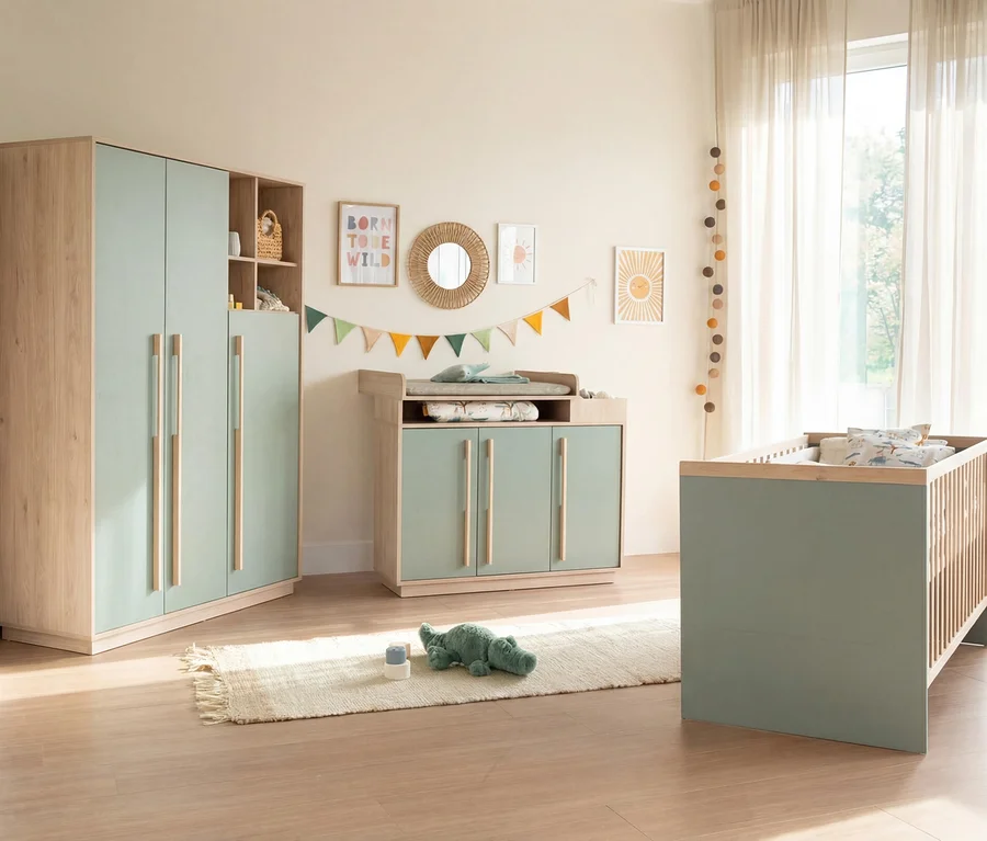 Helles Kinderzimmer mit dem Roba 3-teiligen Kinderzimmer-Set »Selva« in Reed Green und Virginia Chestnut. Es zeigt einen hellgrünen Kleiderschrank, eine Wickelkommode und ein Gitterbett mit hellem Holz. Ein Teppich mit Krokodilspielzeug liegt auf dem Holzboden vor einem Fenster.