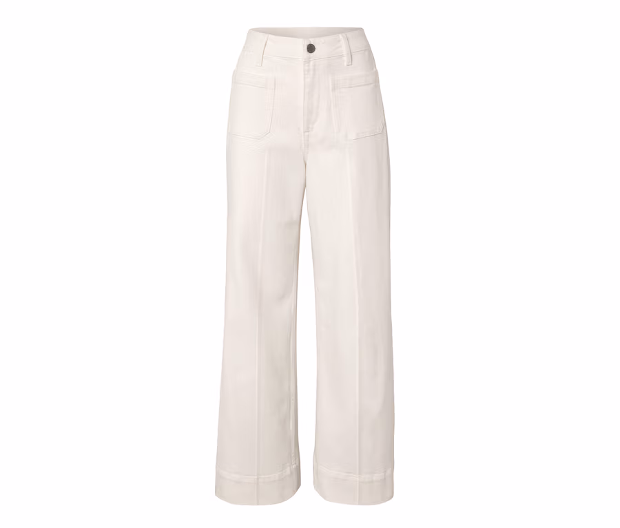 Weiße High-Waist Wide Leg Jeans mit aufgesetzten Vordertaschen und dunklem Knopfverschluss, Fit »Viki«.