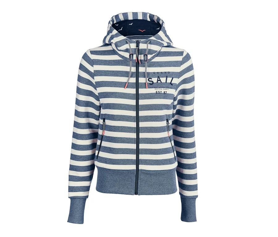 Gestreifte Sweatjacke mit Kapuze und Reißverschluss.