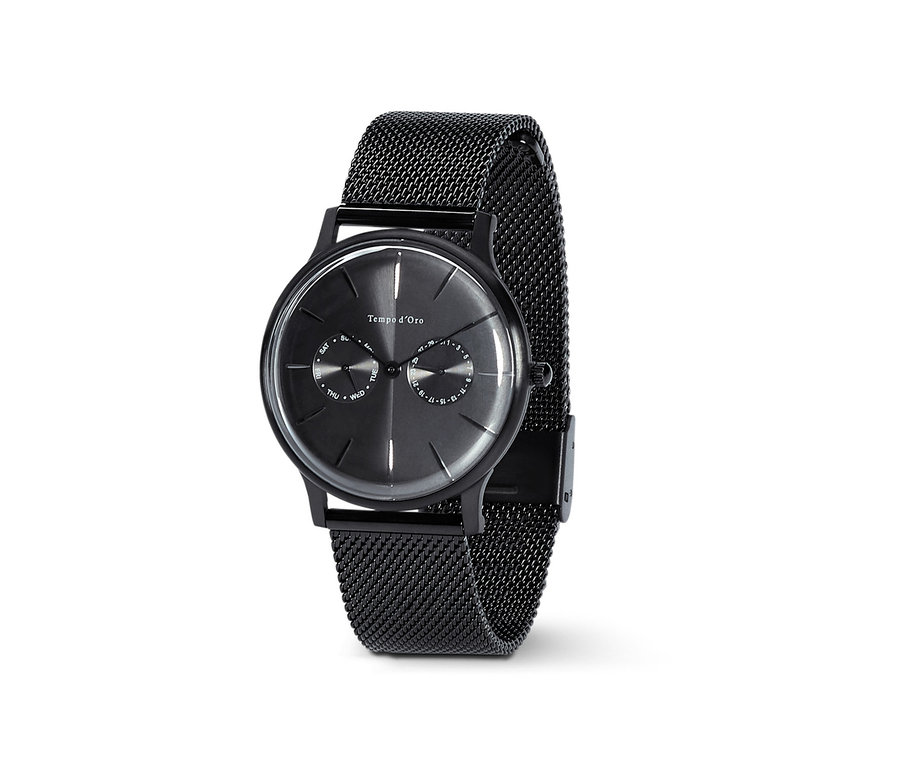 Schwarze Herrenuhr mit Tag und Datum.