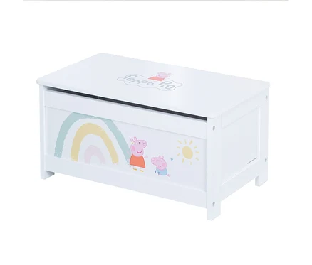 Weisse Spielzeugkiste mit Peppa Pig Abbildungen und Regenbogen.
