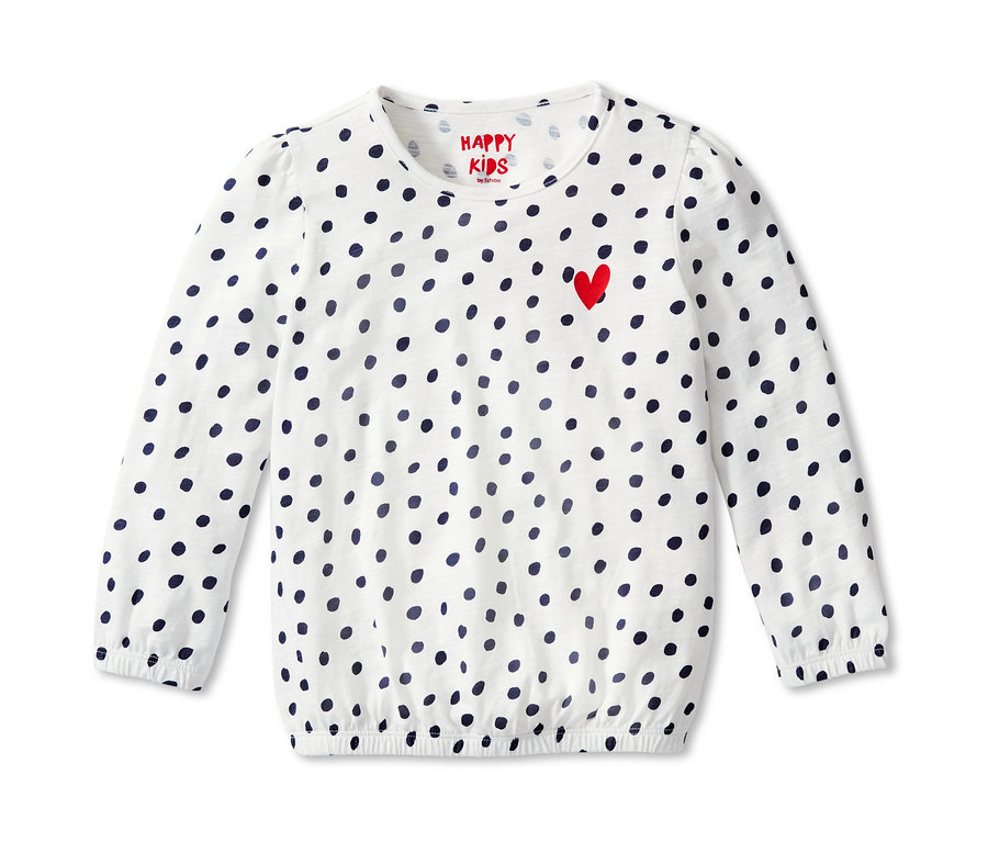Weißes Langarmshirt mit dunkelblauem Punktmuster.