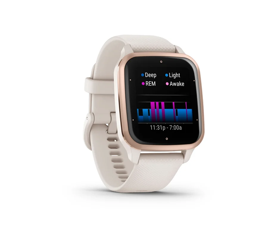 Nahaufnahme einer goldenen GARMIN Venu SQ2 Music Smartwatch mit Schlafüberwachungsanzeige.