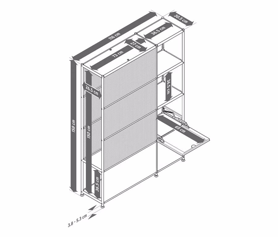 Technische Zeichnung einer CN3 Slim Line Metallgarderobe mit Gitterrückwand, zwei Klappenfächern, eines davon geöffnet, und Regalböden, mit Maßen.