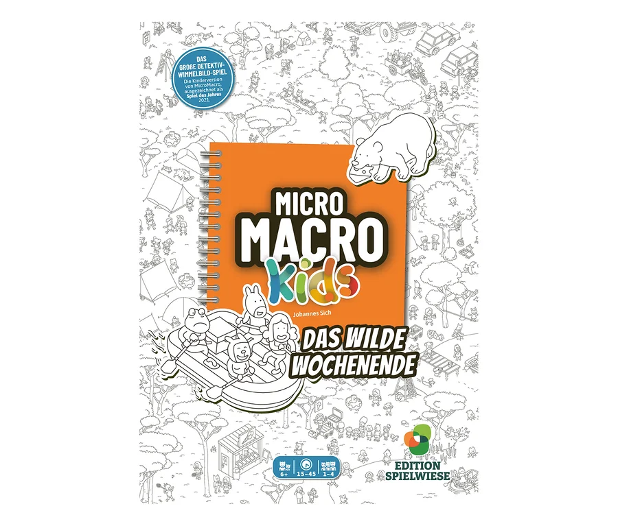Orangefarbene Spielbox von »MicroMacro Kids: Das wilde Wochenende« mit einem weißen Cartoon-Bären und vier Tieren in einem Schlauchboot vor einem detaillierten Schwarz-Weiß-Wimmelbild.