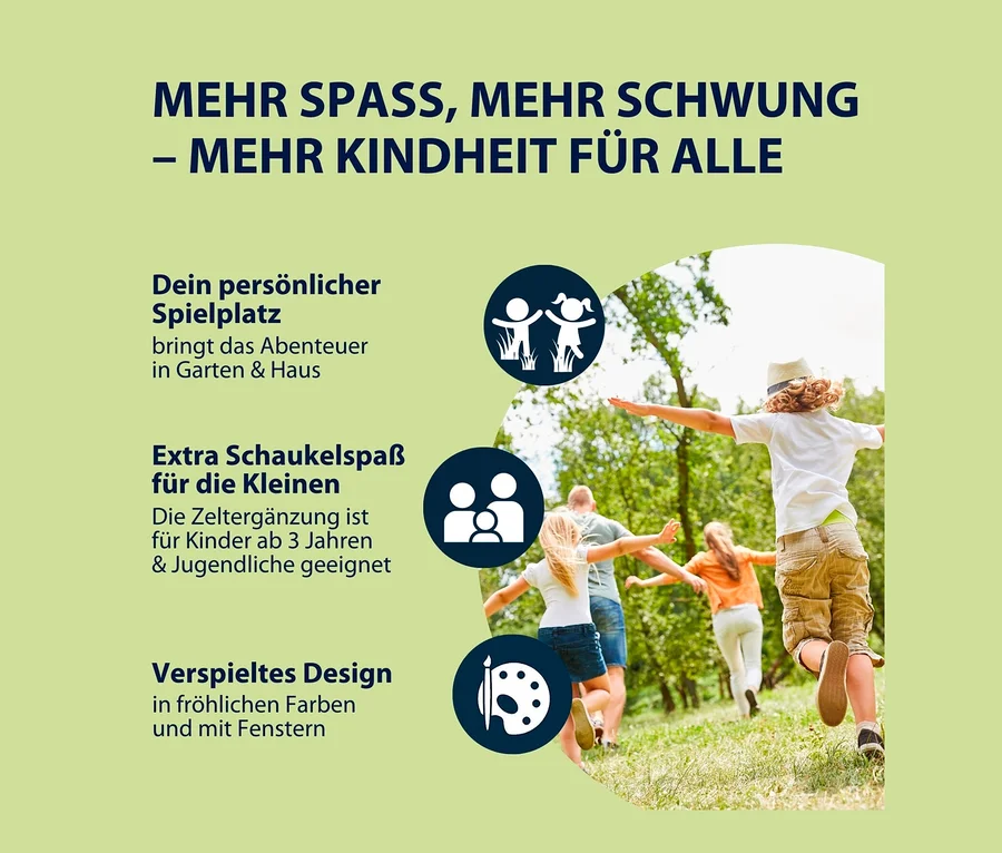 Vier Kinder laufen auf Gras von einem Erwachsenen weg. Kinder spielen draußen. HUDORA Nestschaukel-Zelt Cosy Castle 110.