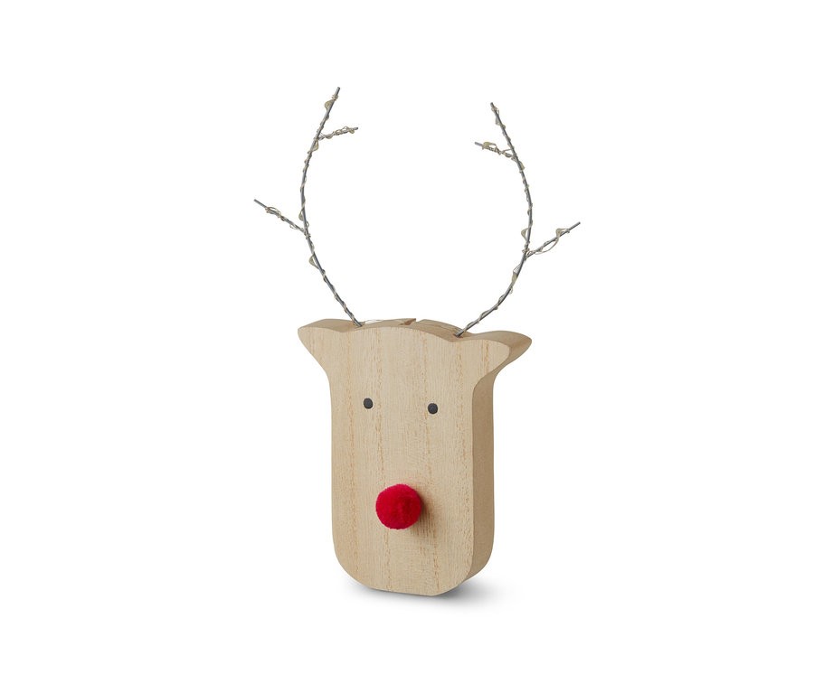 Eine LED-Dekofigur Elch aus Holz mit einer roten Nase und LED-beleuchtetem Geweih.
