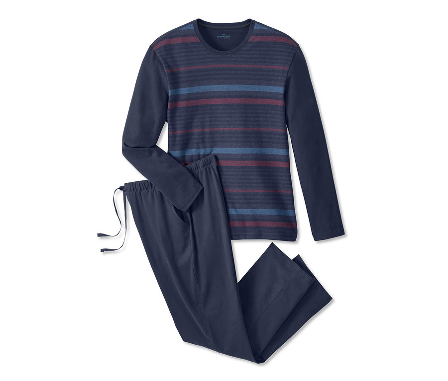 Blauer Pyjama mit einem langärmeligen, gestreiften Oberteil und einer Hose.