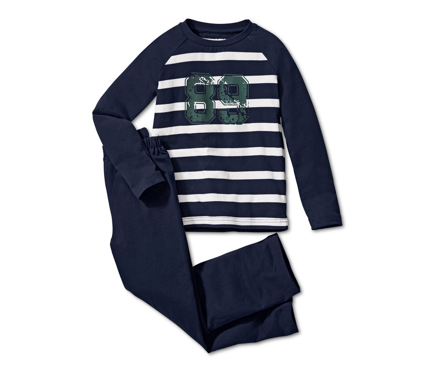 Marineblauer Pyjama mit gestreiftem Oberteil und der Zahl 89.