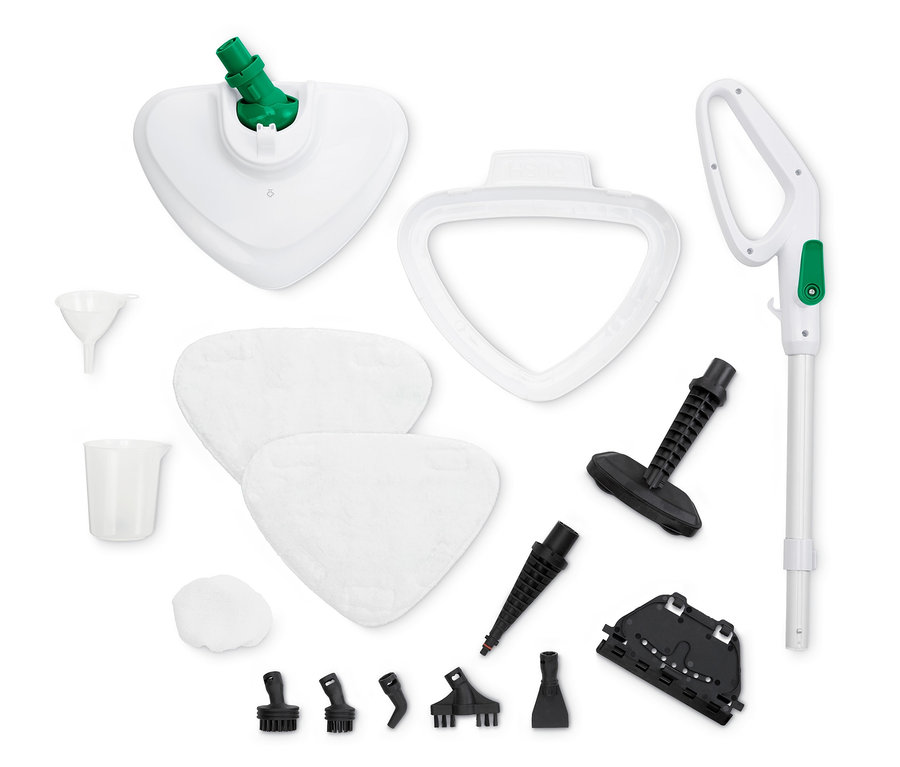 Ein zerlegter Multifunktionaler Dampfbesen mit Aufsätzen.