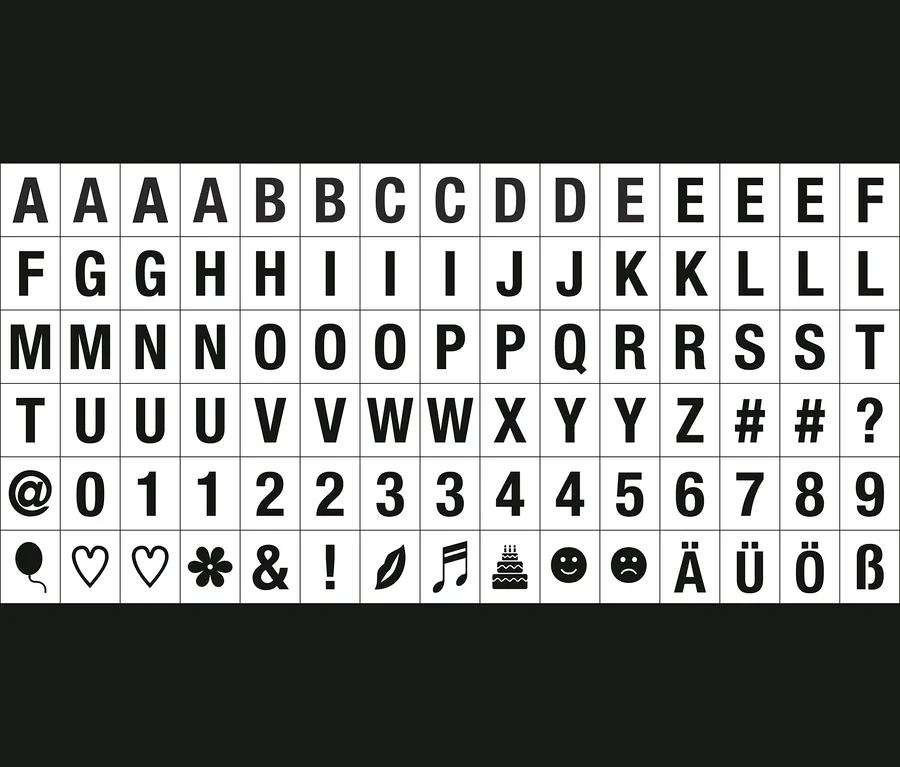 Schwarz-weiße Tabelle mit Buchstaben, Zahlen und Symbolen für LED-Lichterkette.