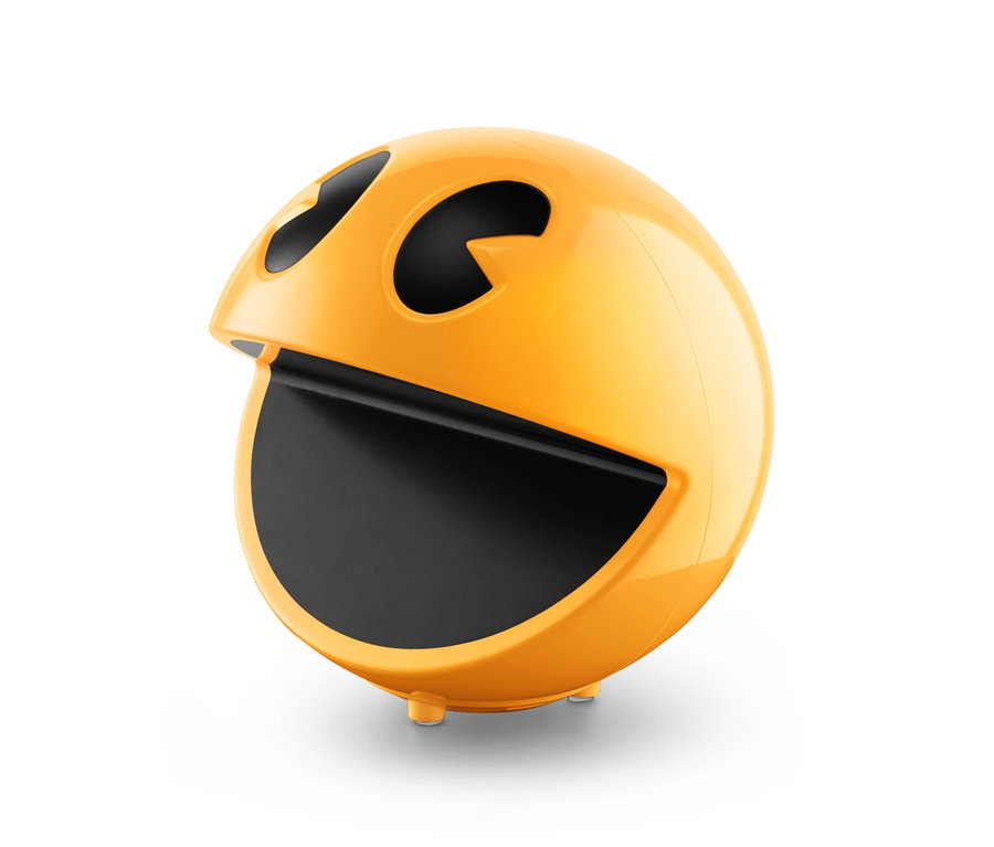 Gelbe Pac-Man-Lampe auf weißem Hintergrund.