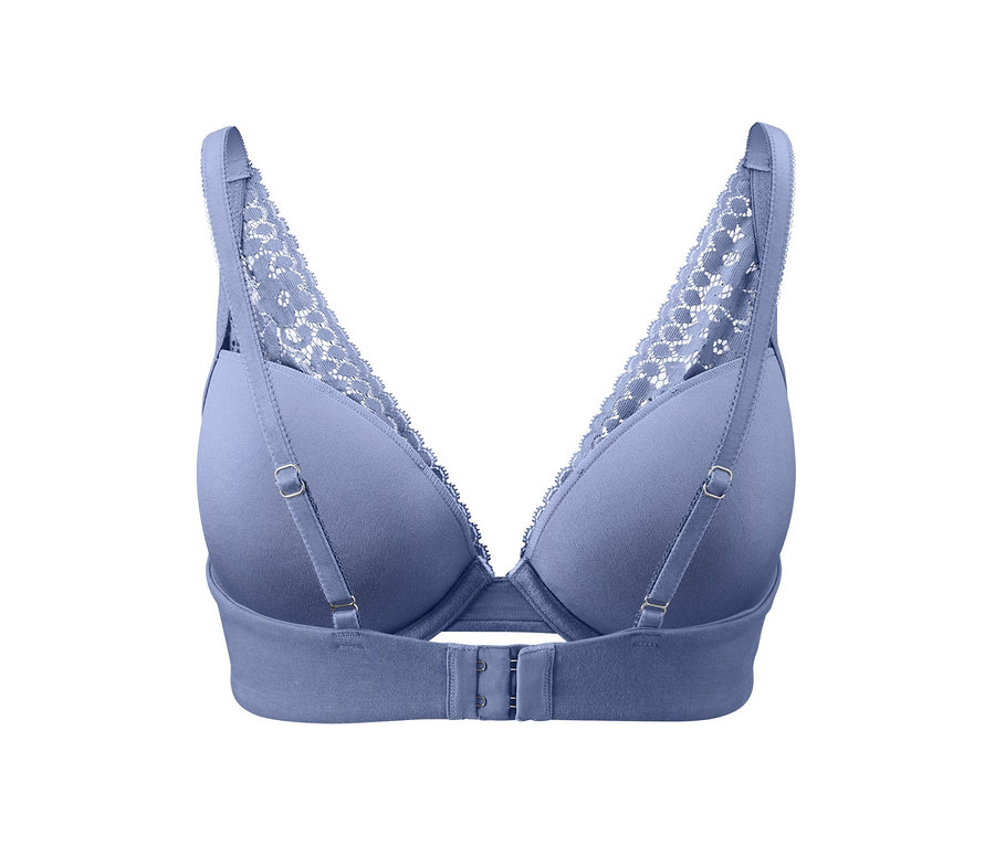 Blauer Schalen-BH mit Spitze an Trägern und Cups.