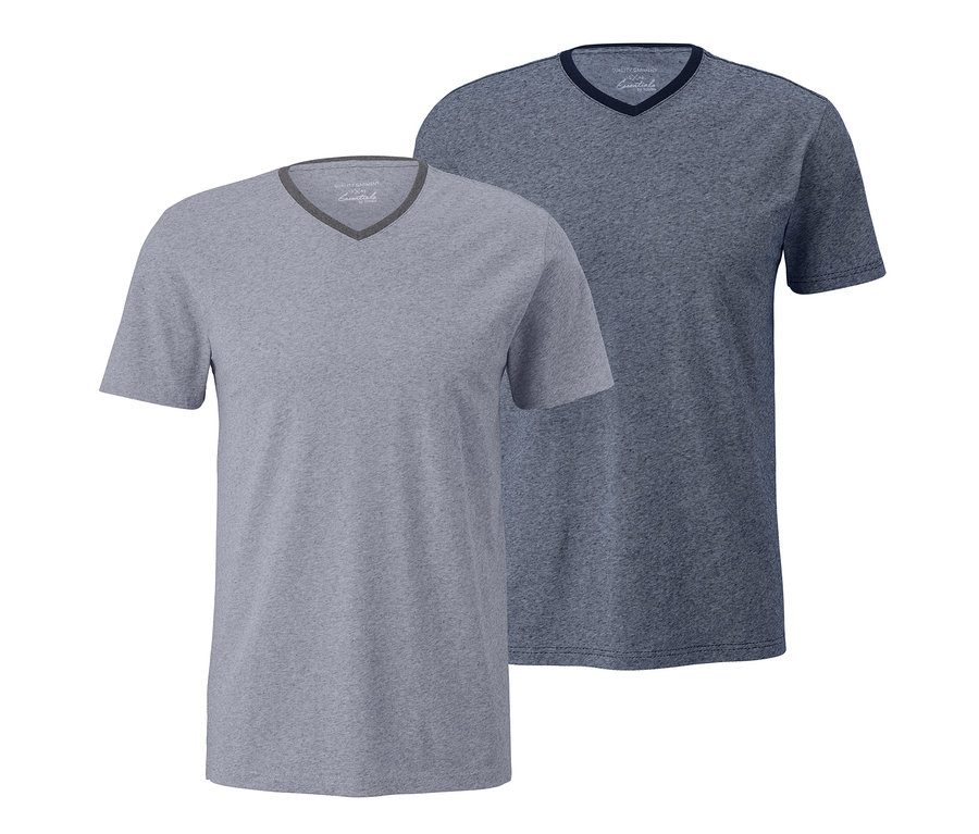 Zwei V-Ausschnitt T-Shirts, eines hellgrau und das andere dunkelblau.