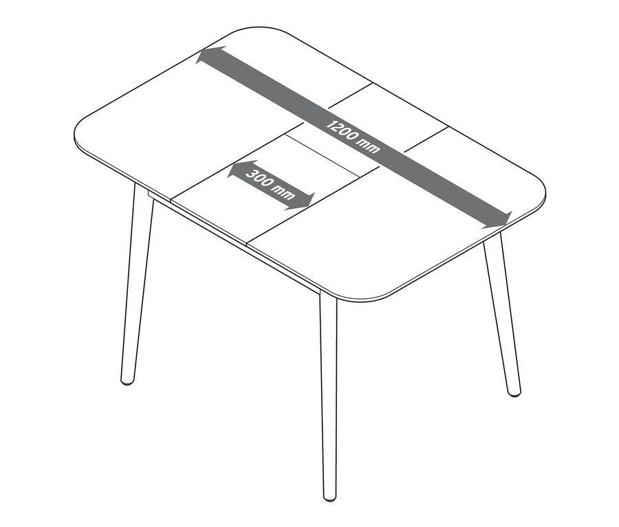 Illustration eines ausziehbaren Küchentischs, ca. 90–120 x 80 cm.