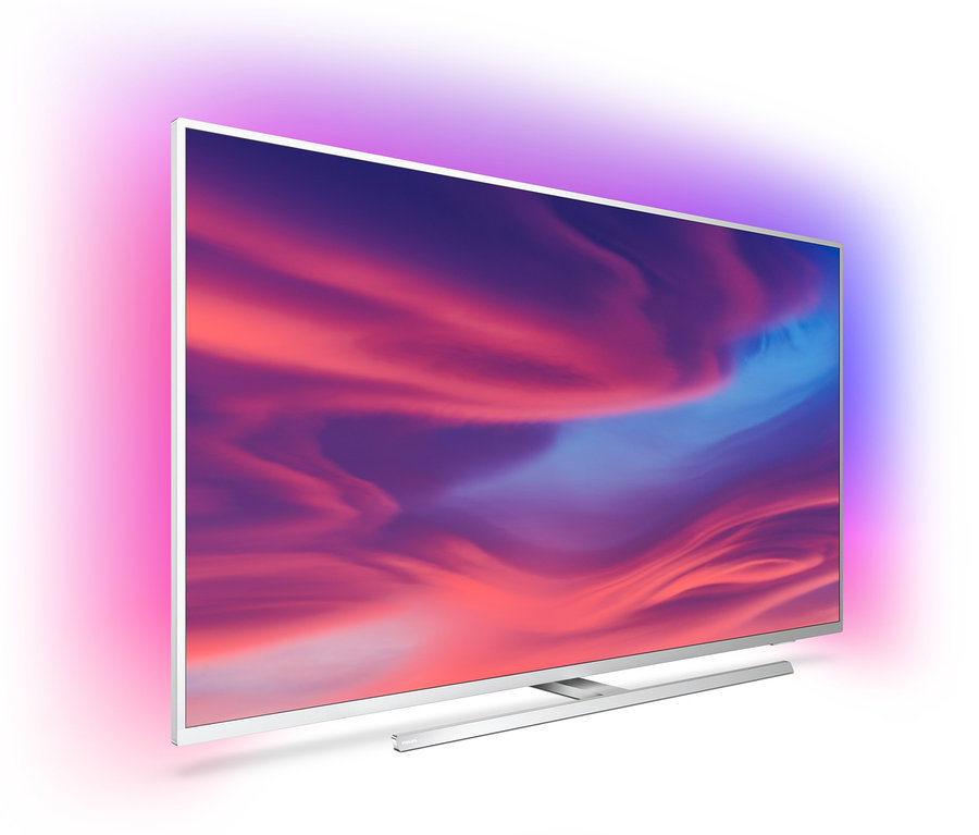 Nahaufnahme eines Philips 4K UHD LED-Smart TV mit Ambilight, der abstrakte Kunst anzeigt.