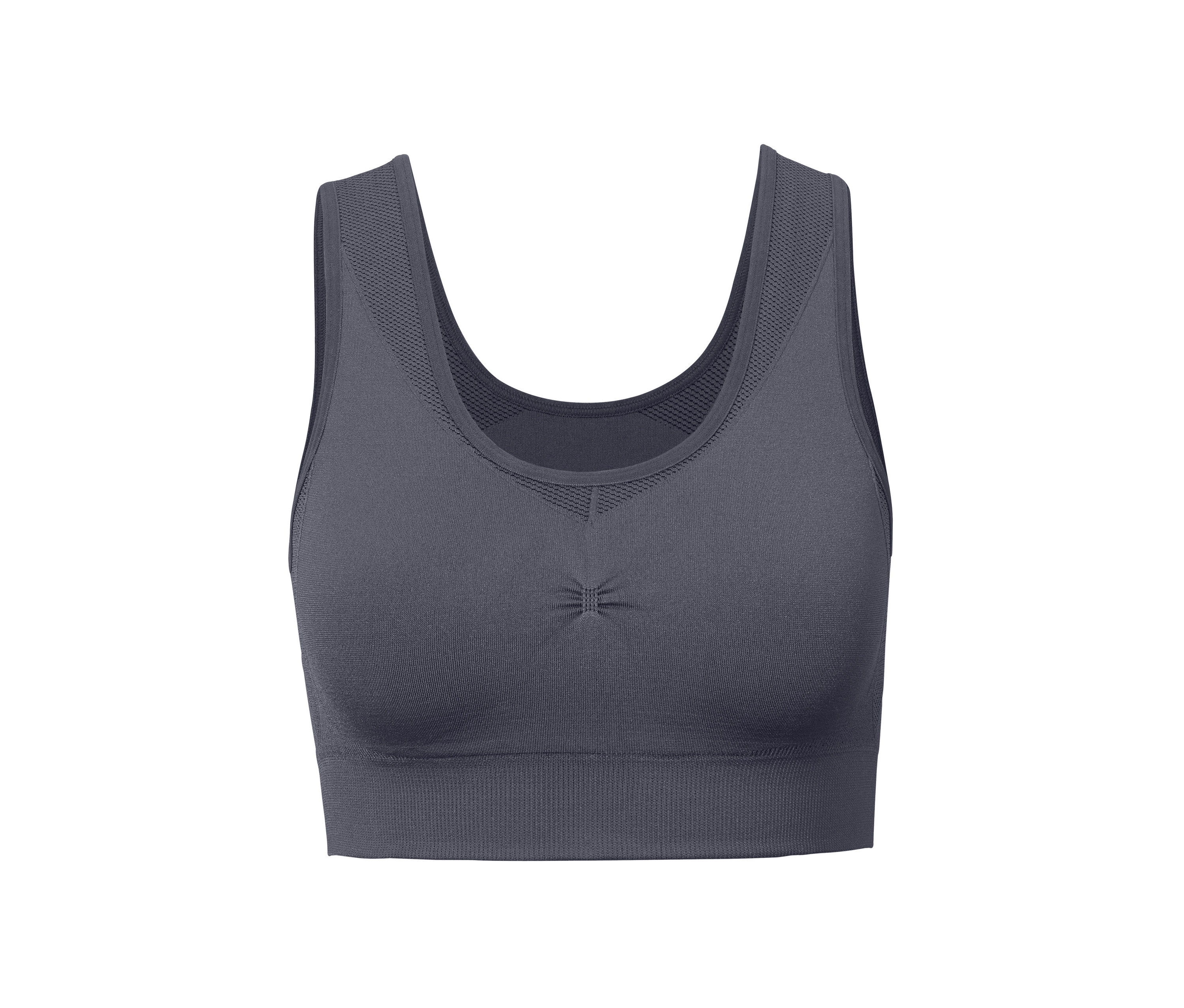 Graues Seamless-Sport-Bustier auf weißem Hintergrund.