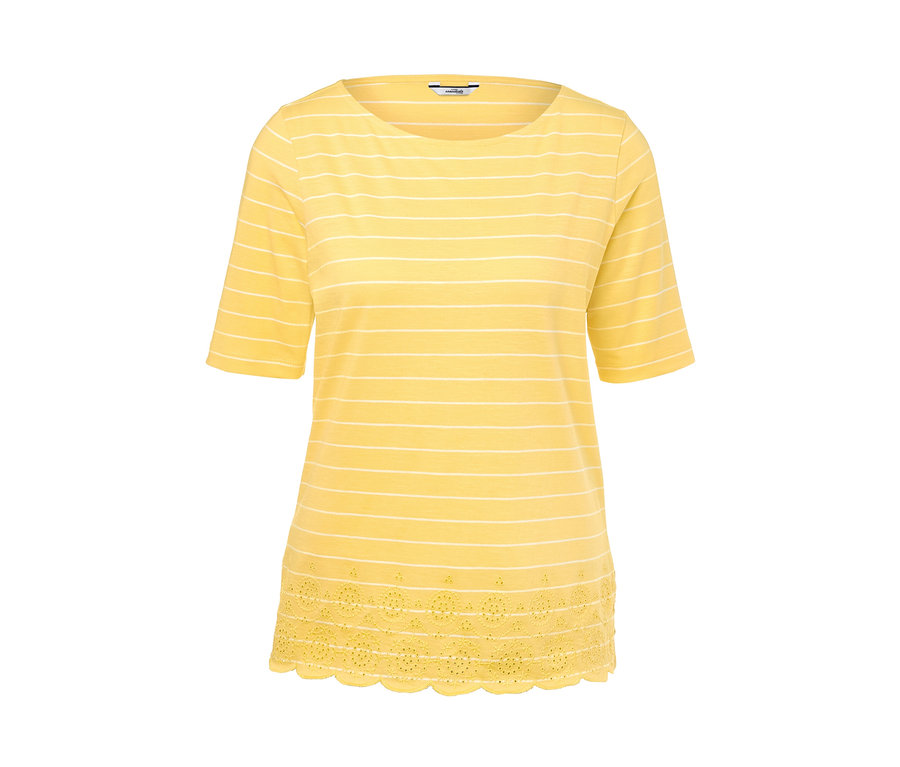 Gelbes, gestreiftes Halbarmshirt mit Lochstickerei.