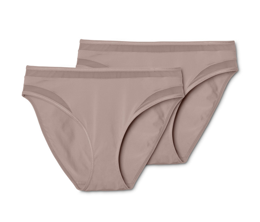 Zwei beige Slips mit transparenten Einsätzen.