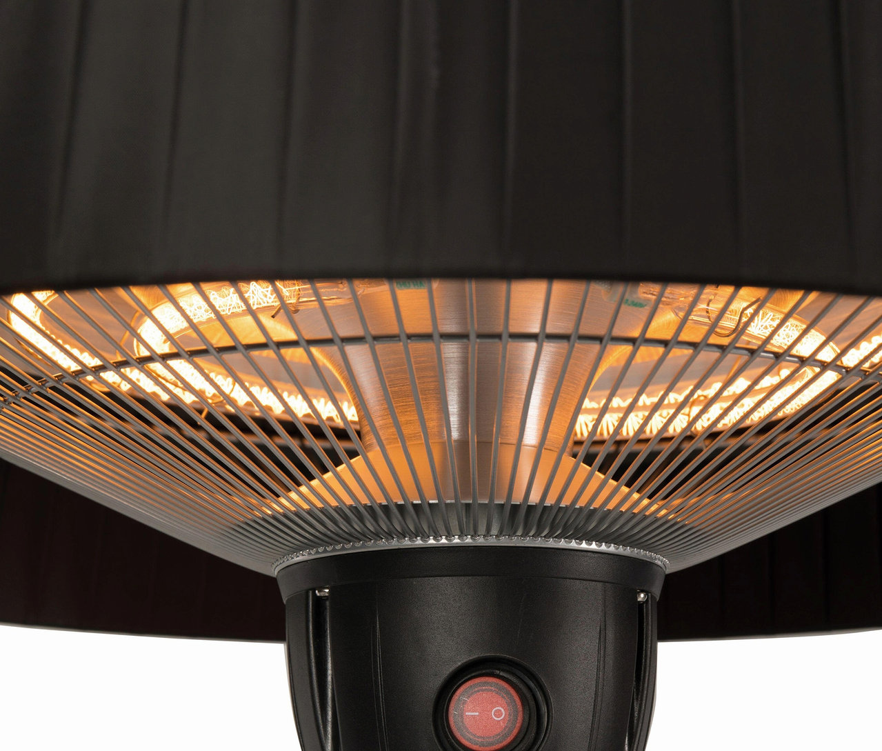 Detailaufnahme eines schwarzen Sunred-Hänge-Heizstrahlers »Halogen Artix Basic« mit rotem Netzschalter.