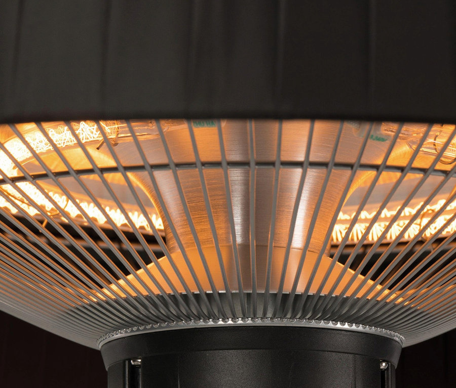 Detailaufnahme eines schwarzen Sunred-Hänge-Heizstrahlers »Halogen Artix Basic« mit rotem Netzschalter.