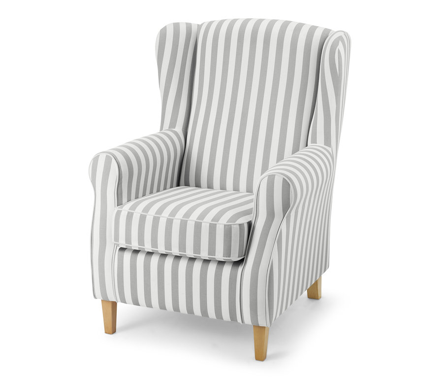Gestreifter Ohrensessel "Luke" mit Armlehnen und Holzbeinen.