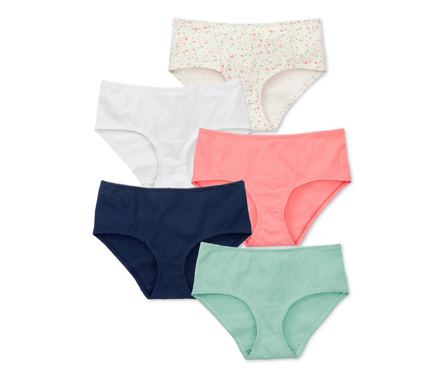 Fünf Pantys in verschiedenen Farben.