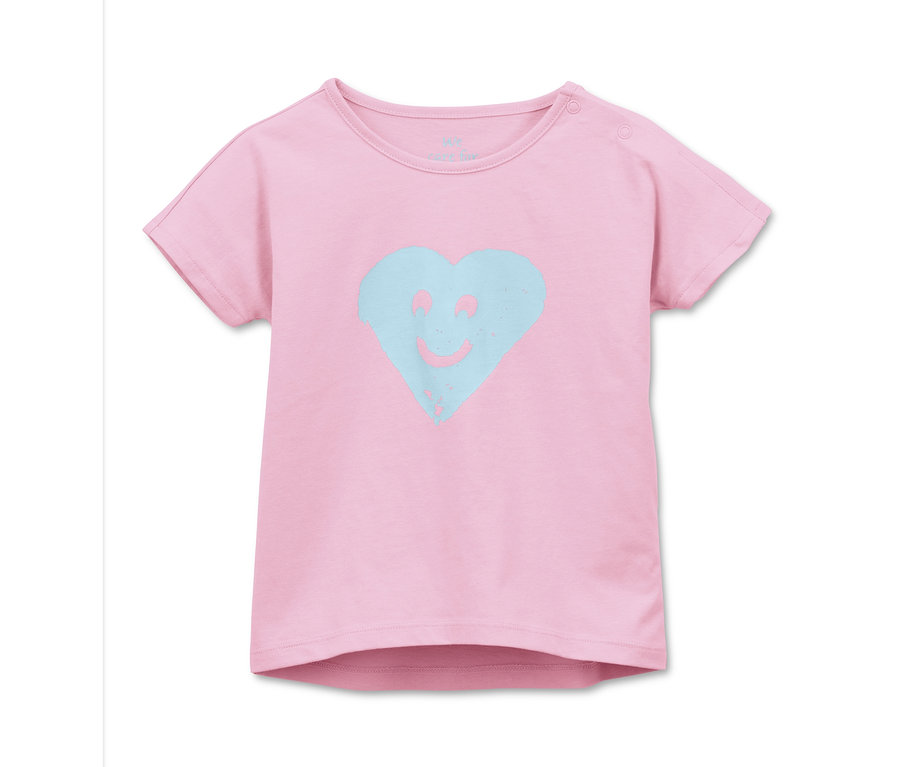 Rosa Kurzarm-T-Shirt mit blauem Herz mit Gesicht. 2 Shorty-Pyjamas aus Bio-Baumwolle