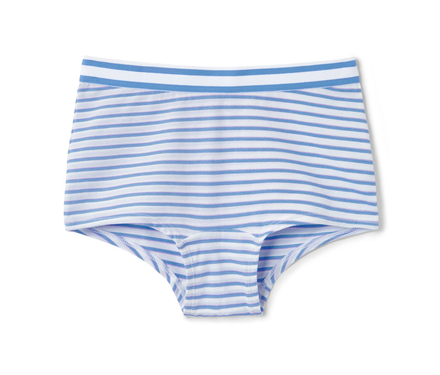 Ein einzelner Mädchen-Panty mit hellblauen und weißen horizontalen Streifen.