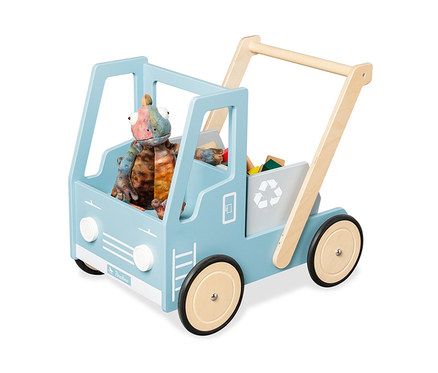 Blauer Pinolino Lauflernwagen »Kipplaster Fred« mit Spielzeug und Plüschtier.