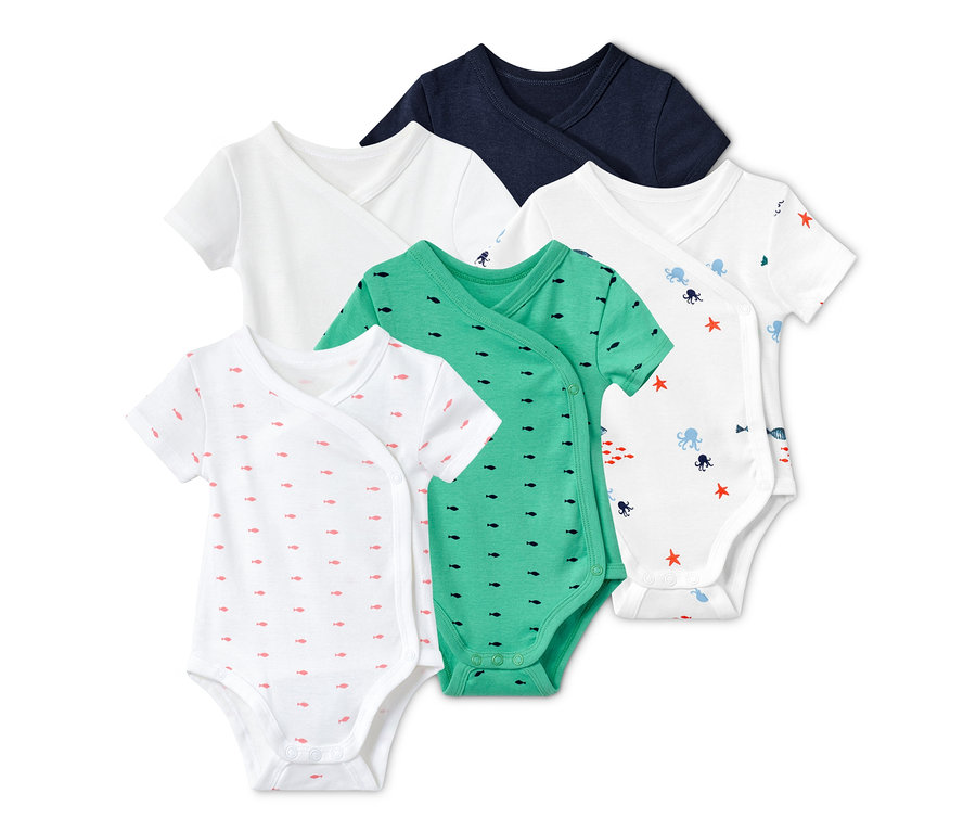 Fünf Baby Baumwoll-Bodys.