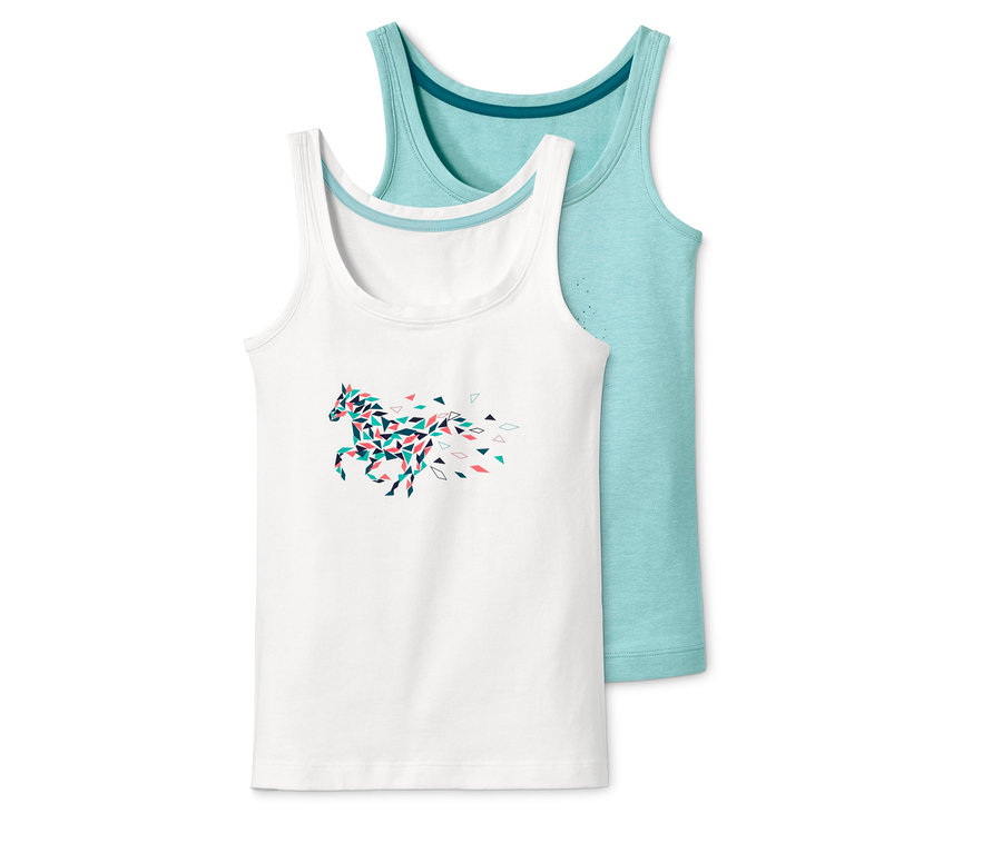 Zwei Jersey-Tanktops: ein weißes mit Pferde-Print und ein türkises.