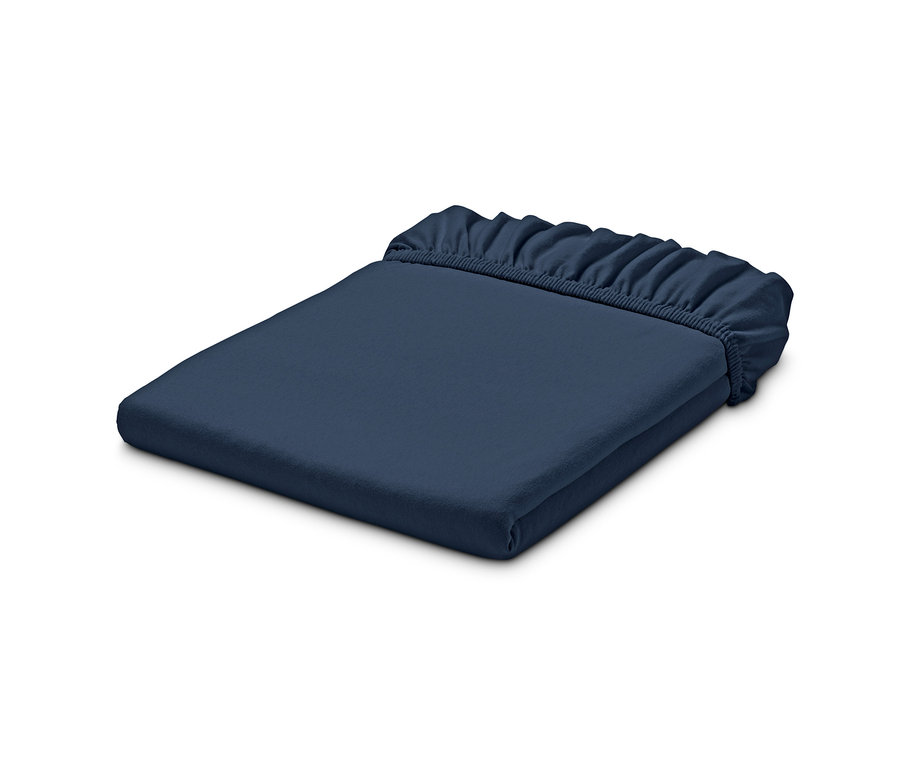 Zusammengelegtes, dunkelblaues Jersey-Spannbettlaken.