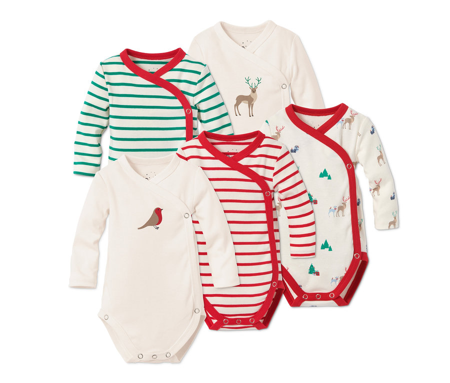 Fünf Langarmbodys aus Bio-Baumwolle mit weihnachtlichen Motiven.