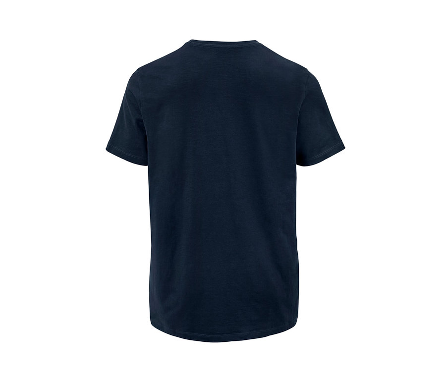 Detailansicht eines marineblauen 2 T-Shirts mit Rundhalsausschnitt.