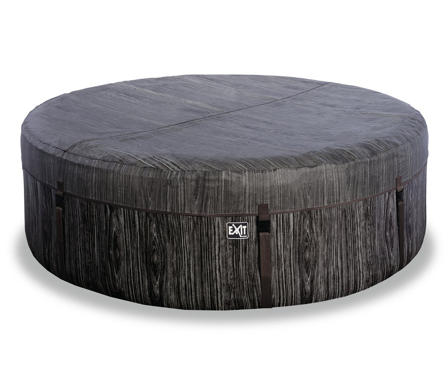 Ein runder EXIT Wood Deluxe Whirlpool für 4 Personen mit Holzstruktur.