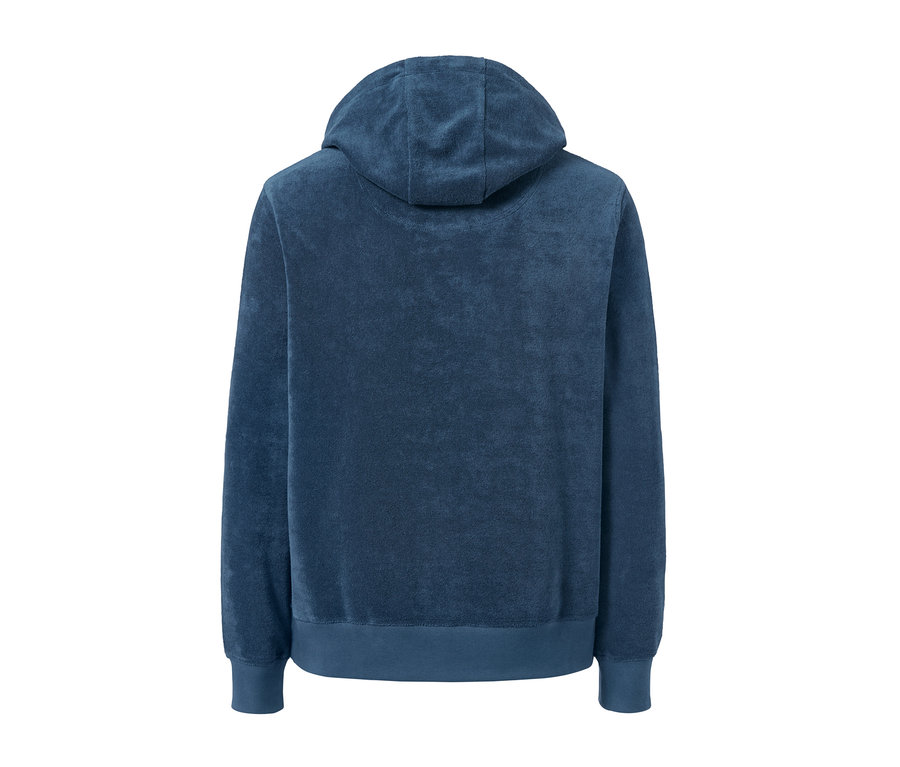Rückansicht eines blauen Frottee-Hoodies.