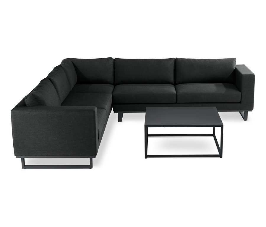 Anthrazitfarbene Premium-Lounge-Ecke mit Sunbrella®-Stoff und Couchtisch auf weißem Hintergrund.