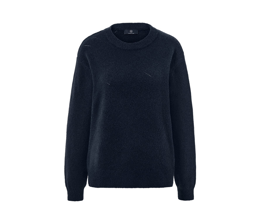 Dunkelblauer Strickpullover mit Ajour-Muster.