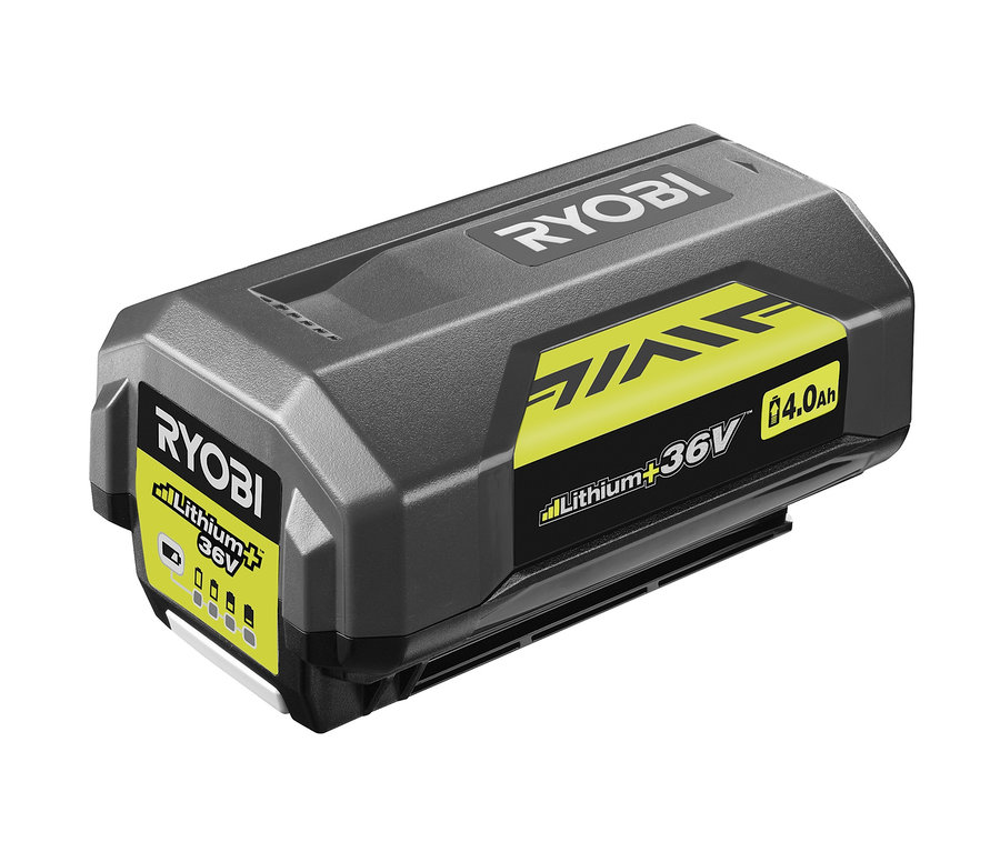 Ein grauer Ryobi Lithium+ 36V 4.0Ah Akku.