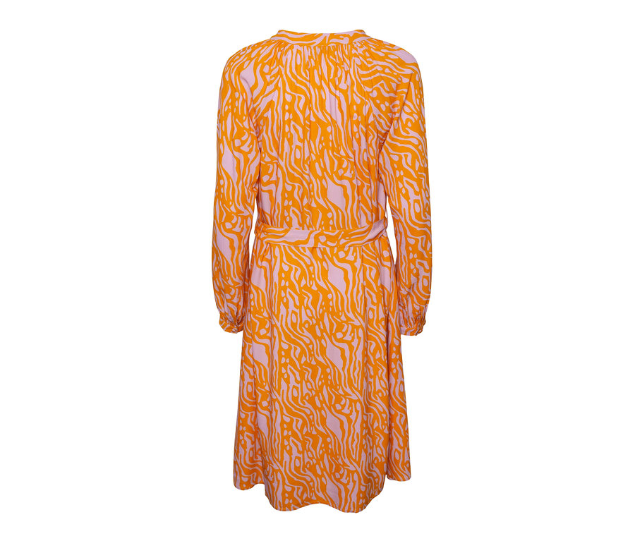 Detailansicht eines Damen-Midikleids mit orangefarbenem und rosafarbenem Muster.