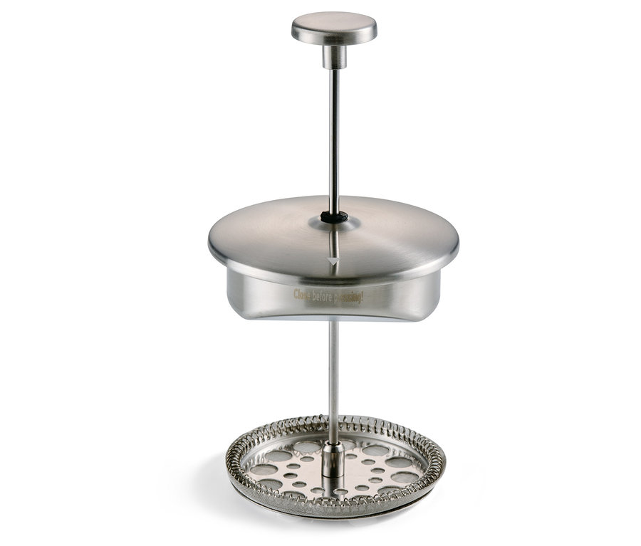 Detail einer Siebstempelkanne 900 ml, doppelwandig, aus Edelstahl.