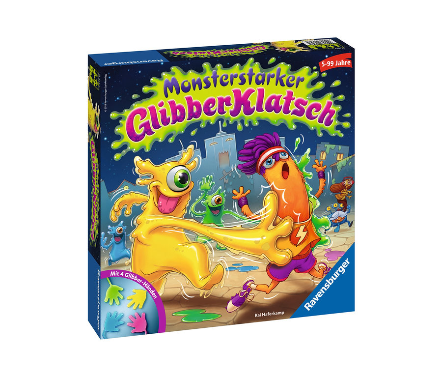 Gelb-orangefarbene Monster spielen das Spiel Ravensburger »Monsterstarker Glibberklatsch«.