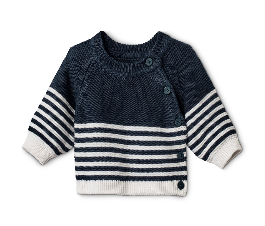 Baby Baumwoll-Strickpullover mit dunkelblauen und weißen Streifen.