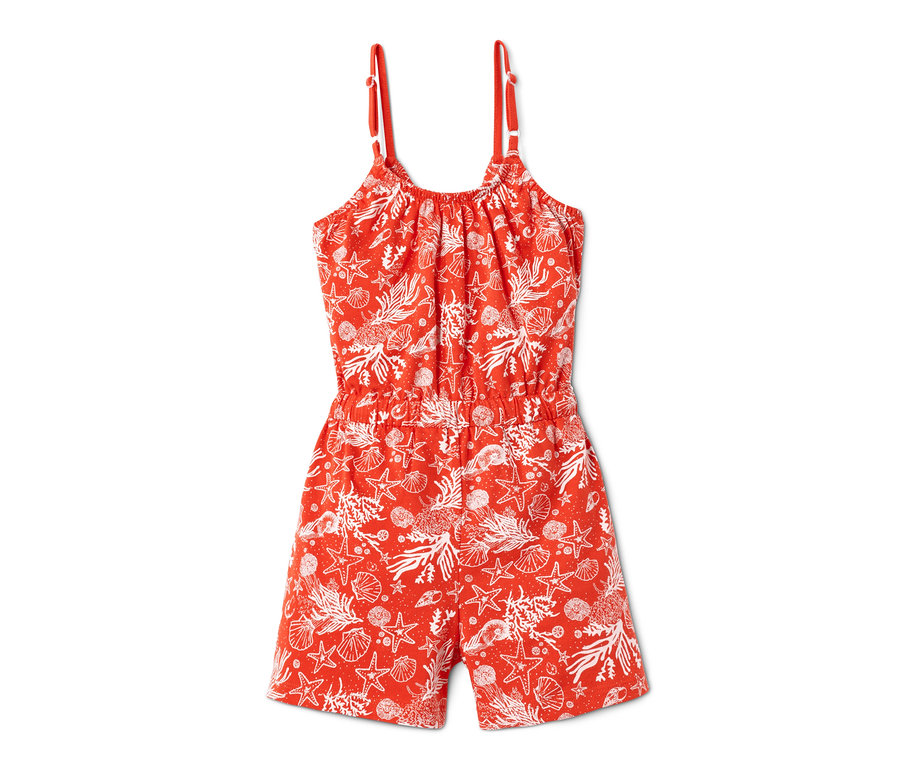 Roter Jumpsuit mit weißem Muschel- und Seesternmuster.